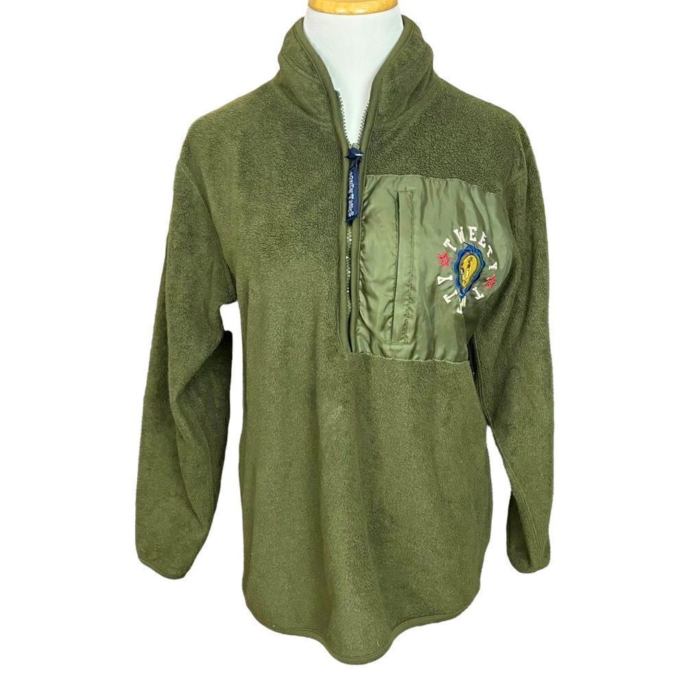 Vintage Y2K Green Looney Toons Tweety Bird Half Zip Pullover Fleece S